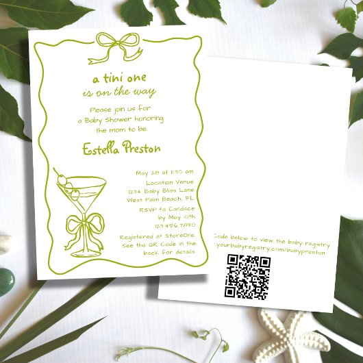 Funky Whimsical Groene Martini QR Code Baby Shower Kaart
