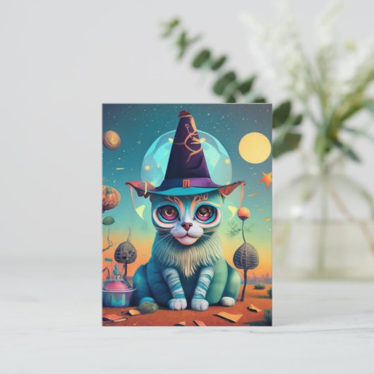 Funky Witch Cat Briefkaart (Staand voorkant)