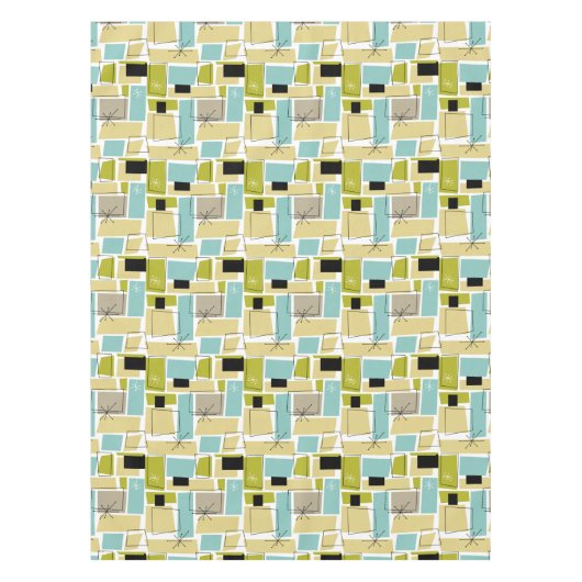 Funky Yellow Aqua Blue Squares Starburst Mid Mod Tafelkleed (Voorkant)