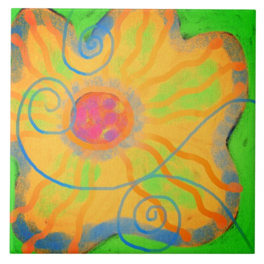 Funky Yellow Flower Abstract schilderij Tegeltje (Voorkant)