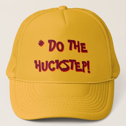 FUNKY YELLOW TRUCKER HAT: "DOE DE HUCKSTEP!" PET (Voorkant)