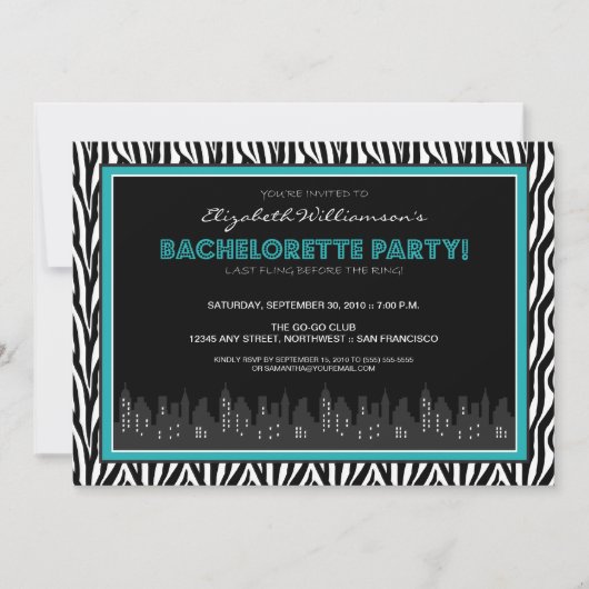 Funky Zebra Bachelorette Party Invitation (aqua) Kaart (Voorkant)