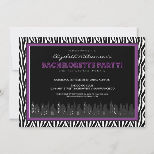 Funky Zebra Bachelorette Party Invitation (paars) Kaart (Voorkant)