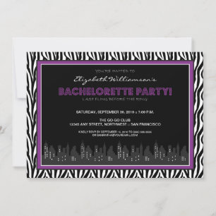 Funky Zebra Bachelorette Party Invitation (paars) Kaart