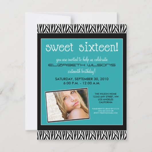 Funky Zebra Sweet 16 Birthday Party Invite (aqua) Kaart (Voorkant)
