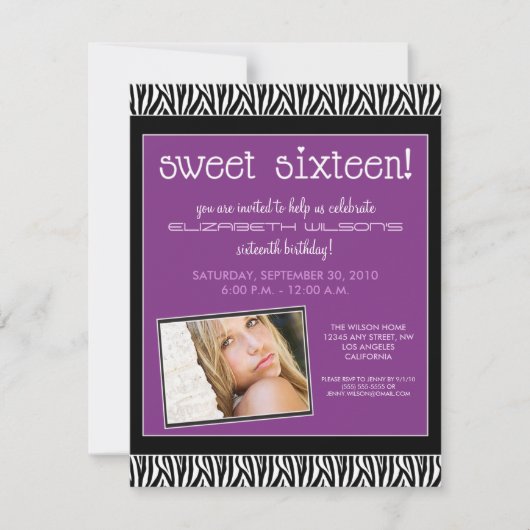 Funky Zebra Sweet 16 Birthday Party Invite (lila) Kaart (Voorkant)