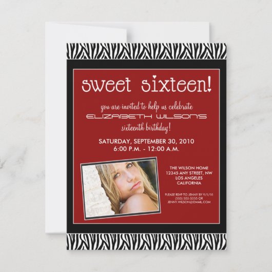 Funky Zebra Sweet 16 Birthday Party Invite (red) Kaart (Voorkant)