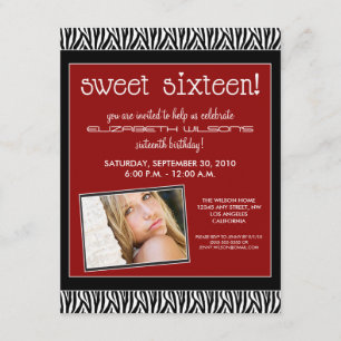Funky Zebra Sweet 16 Birthday Party Invite (red) Kaart