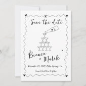 Funky Zwart Handgeschreven Champagne Tower Bruilof Save The Date (Voorkant)