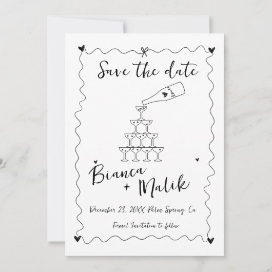 Funky Zwart Handgeschreven Champagne Tower Bruilof Save The Date (Voorkant)