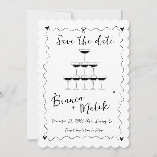 Funky Zwart Handgeschreven Champagne Tower Bruilof Save The Date (Voorkant)