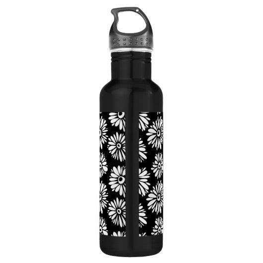 Funky zwart-wit bloemen waterfles  (Achterkant)