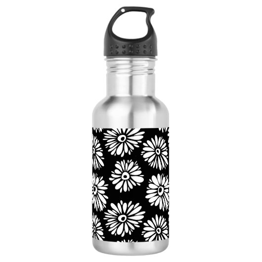 Funky zwart-wit bloemen waterfles  (Voorkant)