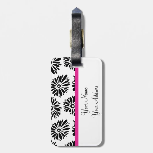 Funky zwart-wit bloemmotief bagagelabel (Achterkant verticaal)