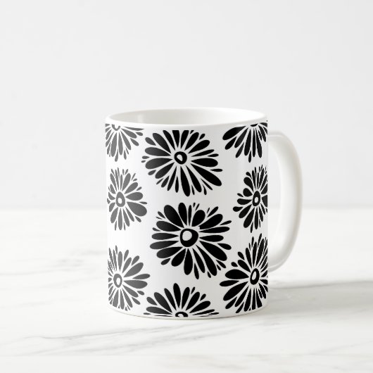 Funky zwart-wit bloemmotief koffiemok (Voorkant rechts)