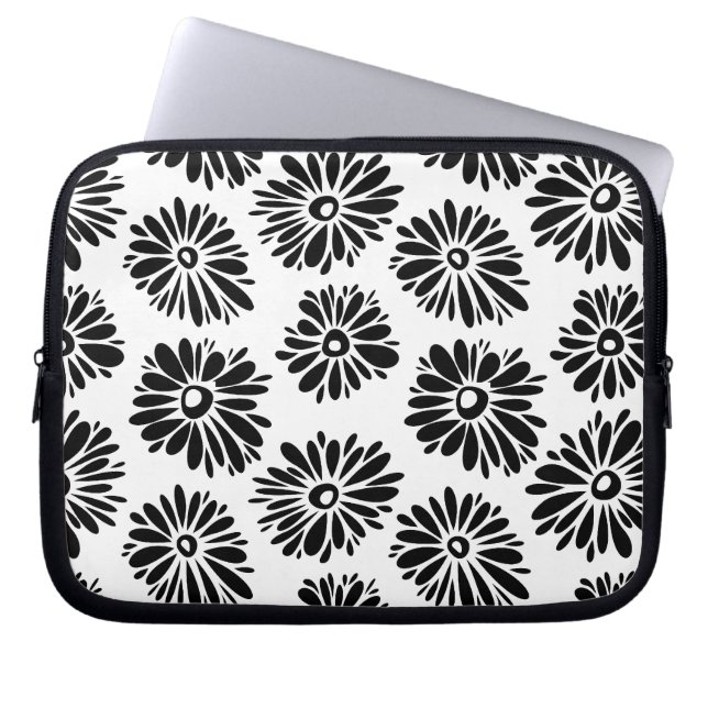 Funky zwart-wit bloemmotief laptop sleeve (Voorkant)