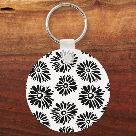 Funky zwart-wit bloemmotief sleutelhanger (Voorkant)