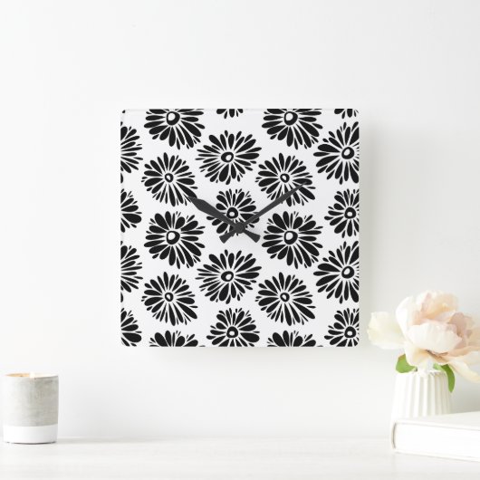 Funky zwart-wit bloemmotief vierkante klok (Huis)