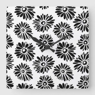 Funky zwart-wit bloemmotief vierkante klok