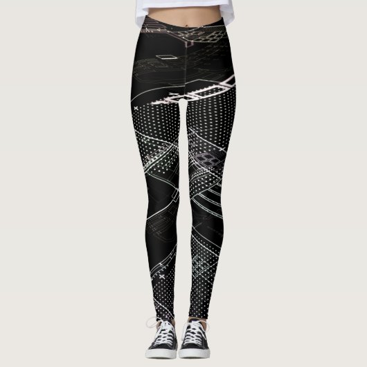 Funky Zwart Wit Elektronische Kringsraad Retro Leggings (Voorkant)