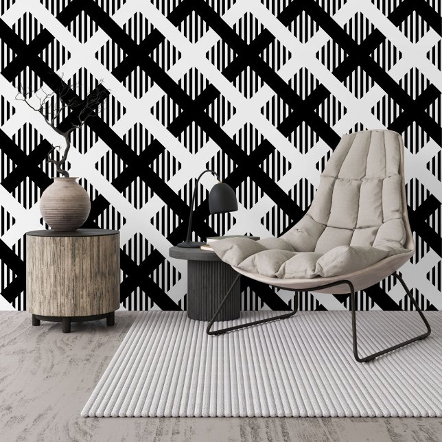 Funky Zwart Wit Plaid Squares Lines Stripes Art Behang (Creator heeft geüpload)
