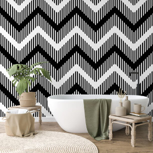 Funky Zwart Wit Zigzag Waves Lines Stripes Art Behang