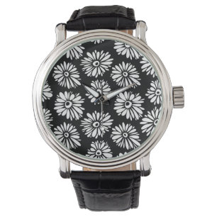 Funky zwart-witte bloemen horloge
