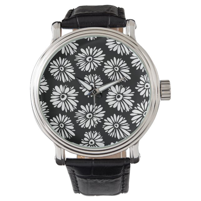 Funky zwart-witte bloemen horloge (Voorkant)