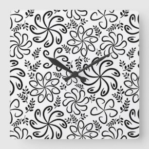 Funky zwart witte bloemen wandklok