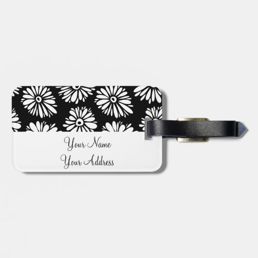 Funky zwarte en witte bloemen bagagelabel (Achterkant horizontaal)