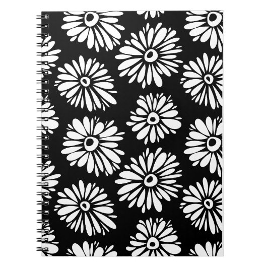 Funky zwarte en witte bloemen notitieboek (Voorkant)