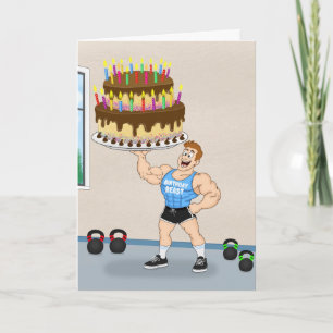 Funnieke Verjaardagstaart Bodybuilder Cartoon  Kaart