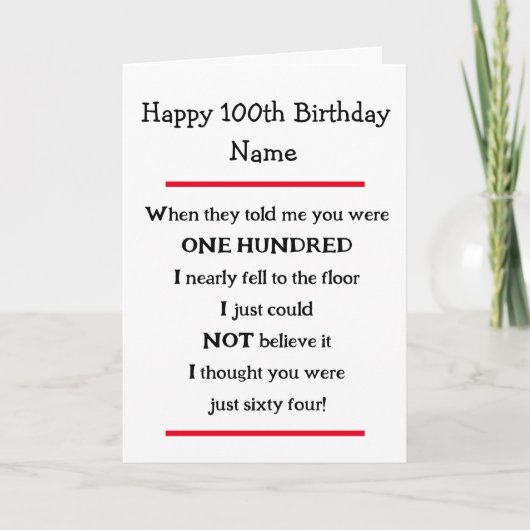 Funny 100th Birthday Cheeky Verse Birthday Card Kaart (Voorkant)