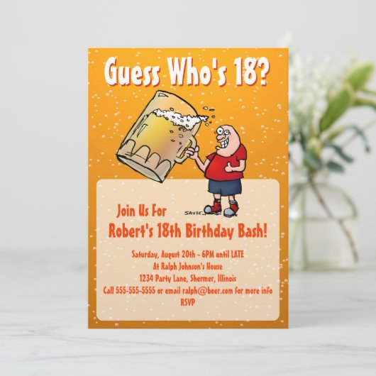 Funny 18th Birthday Party Invitation with Big Beer Kaart (Staand voorkant)