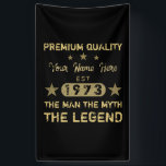 Funny 1973 Birthday Man Myth Legend Spandoek<br><div class="desc">Een grappig verjaardagsontwerp dat het man de mythe de legende vertelt! Een feest voor mannen die hun leeftijd vieren in een mijlpaal jaar. Zwart en goud met een koel,  gedempt lettertype waarmee u het jouw naam kunt personaliseren met de optie Aanpassen!</div>