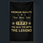 Funny 1973 Birthday Man Myth Legend Spandoek<br><div class="desc">Een grappig verjaardagsontwerp dat het man de mythe de legende vertelt! Een feest voor mannen die hun leeftijd vieren in een mijlpaal jaar. Zwart en goud met een koel,  gedempt lettertype waarmee u het jouw naam kunt personaliseren met de optie Aanpassen!</div>
