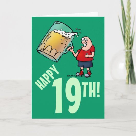 Funny 19th Birthday Card with Cartoon of Huge Beer Kaart (Voorkant)