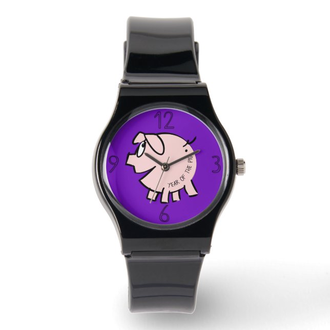 Funny 3 Cartoon Illustratie Varkensjaar Verjaardag Horloge (Voorkant)