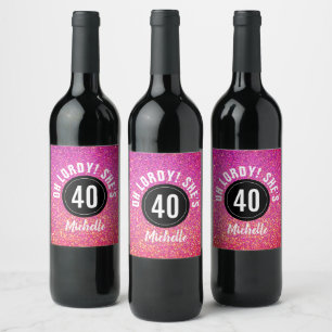 Funny 40th Birthday Party Pink Glitter Custom Wijn Etiket