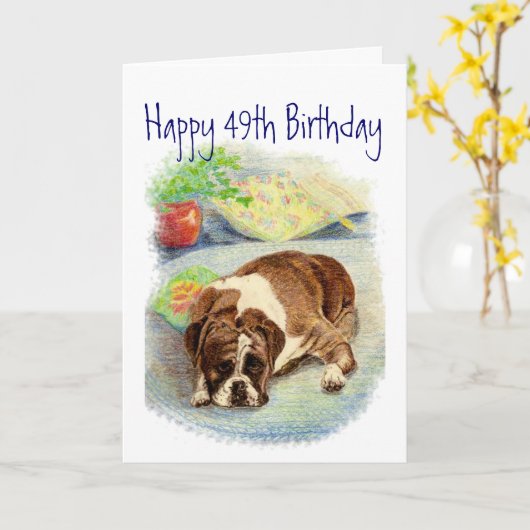 Funny 49th Birthday, Cute but Sad Boxer Dog Kaart (Gele Bloem)