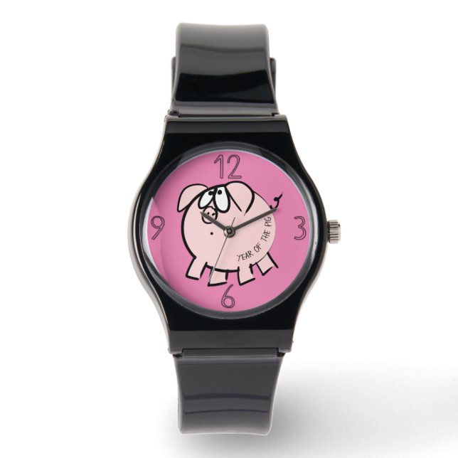 Funny 4 Cartoon Illustratie Varkensjaar Verjaardag Horloge (Voorkant)