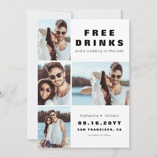 Funny 4 foto Free Drinken Save the Date Card (Voorkant)