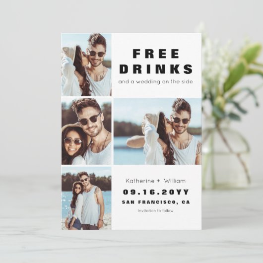 Funny 4 foto Free Drinken Save the Date Card (Staand voorkant)