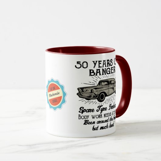 Funny 50th Birthday Retro Car Banger Add Name Date Mok (Voorkant rechts)