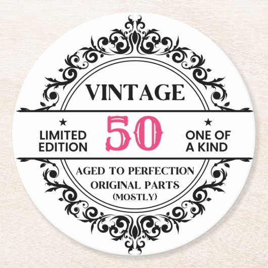 Funny 50th Black and Pink  Birthday Ronde Kartonnen Onderzetter (Voorkant)