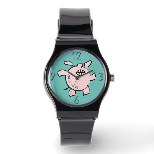 Funny 5 Cartoon Illustratie Varkensjaar Verjaardag Horloge (Voorkant)