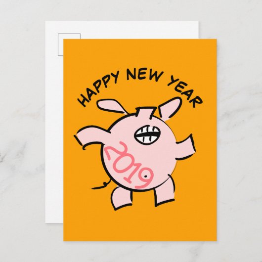 Funny 5 Cartoon Illustration Pig Year 2019 PostC Uitnodiging Briefkaart (Voorkant / Achterkant)