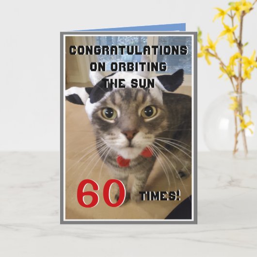 Funny 60th Birthday Cat Orbit Kaart (Gele Bloem)