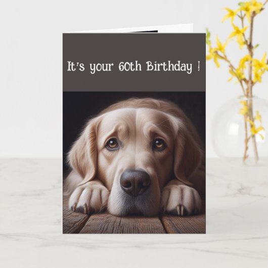 Funny 60th Birthday, Labrador Retriever Kaart (Gele Bloem)