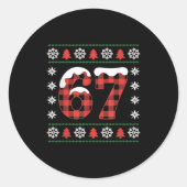 Funny 67 Buffalo Plaid Christmas Snow Ugly Sweater Ronde Sticker (Voorkant)